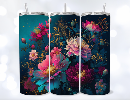 20oz Deep Blue with Mauve Flowers Tumbler