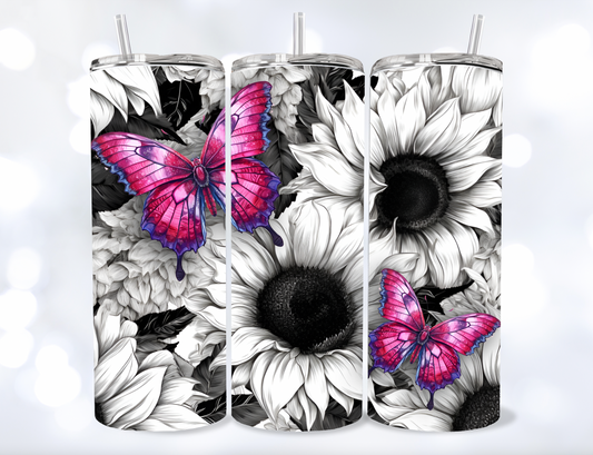 20oz Boho Black and White Flowers with Pink Butterfly Tumbler