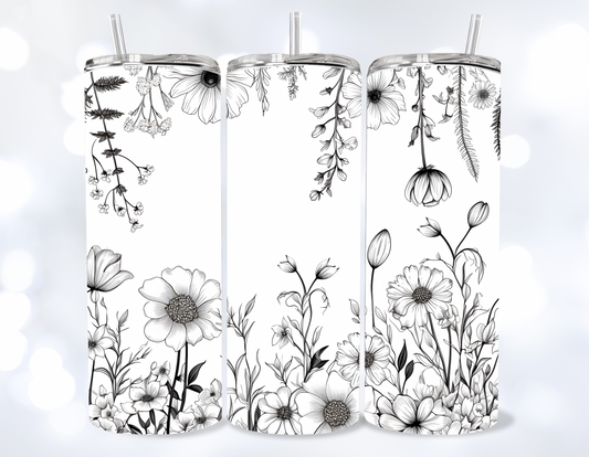 20oz Boho Black and White Flowers Tumbler